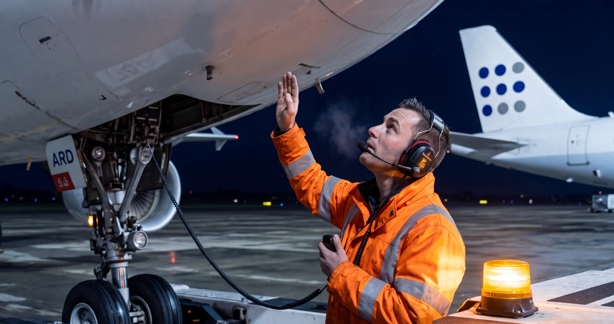 Ramp agent wearing a headset and signalling below an aircraft