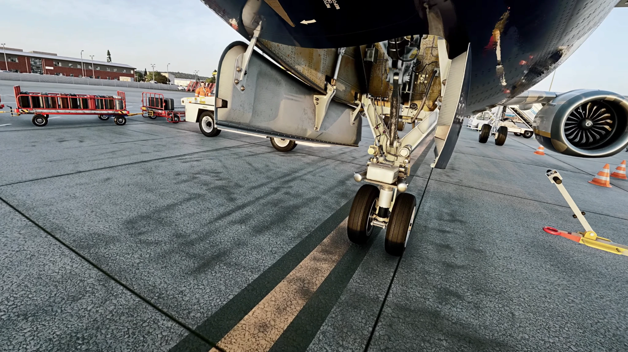 Close view of an aircraft nose gear in the simulator