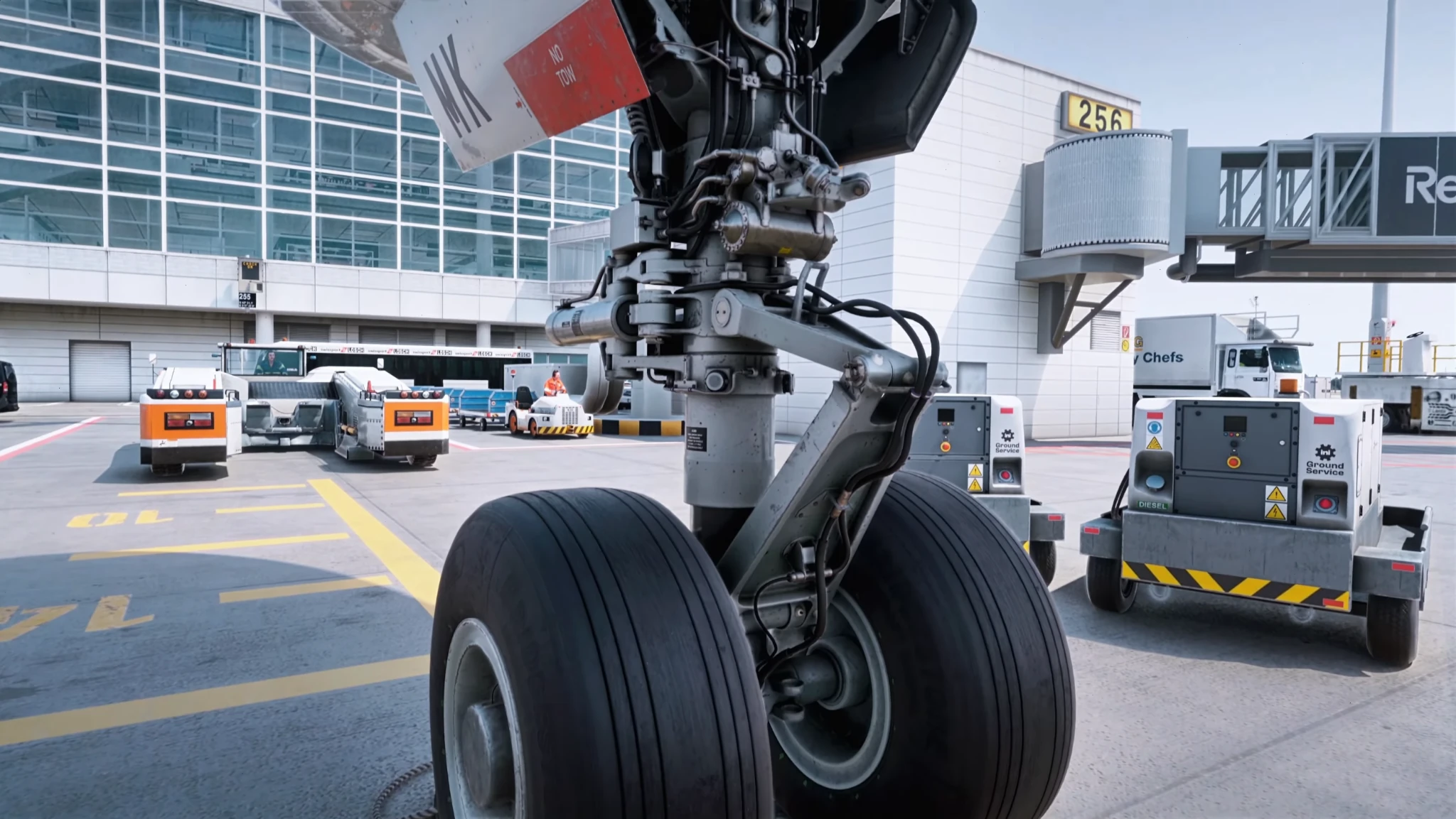 Nose gear and ground power units at the stand in the simulator